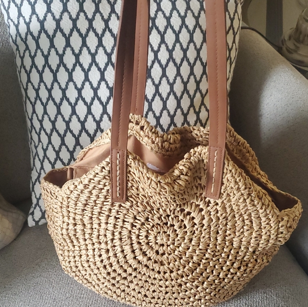 Tan Woven Tote Bag with Leather Strap and Unique Shape